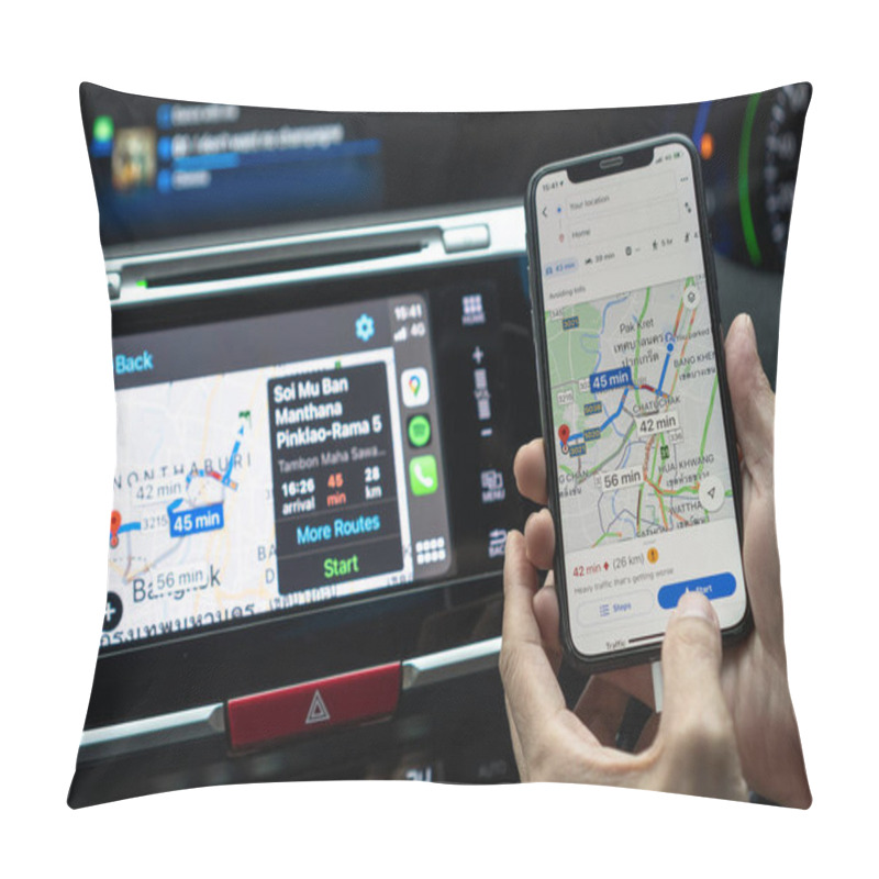 Personality  BANGKOK, THAILAND-27 October, 2020: Google Maps App With Apple CarPlay On Car Screen Dashboard And IPhone, Smart UI Mobile Application For Travel Navigation And Vehicle Transportation Safety Pillow Covers