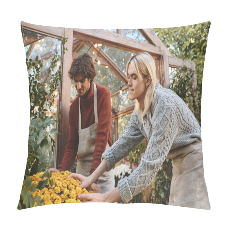 Personality  Two Young Men, One With Curly Hair And The Other With Straight Hair, Work Together In A Greenhouse. They Lovingly Arrange Bright Yellow Flowers, Surrounded By Lush Greenery And Warm Sunlight. Pillow Covers