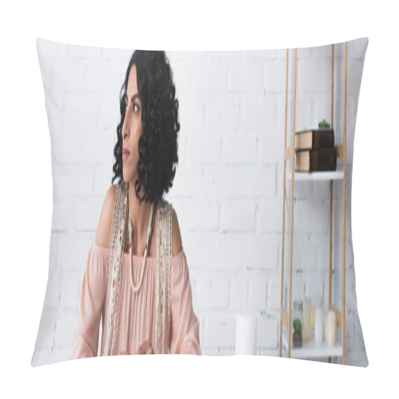 Personality  Brunette Fortune Teller Looking Away Near Candles At Home, Banner Pillow Covers