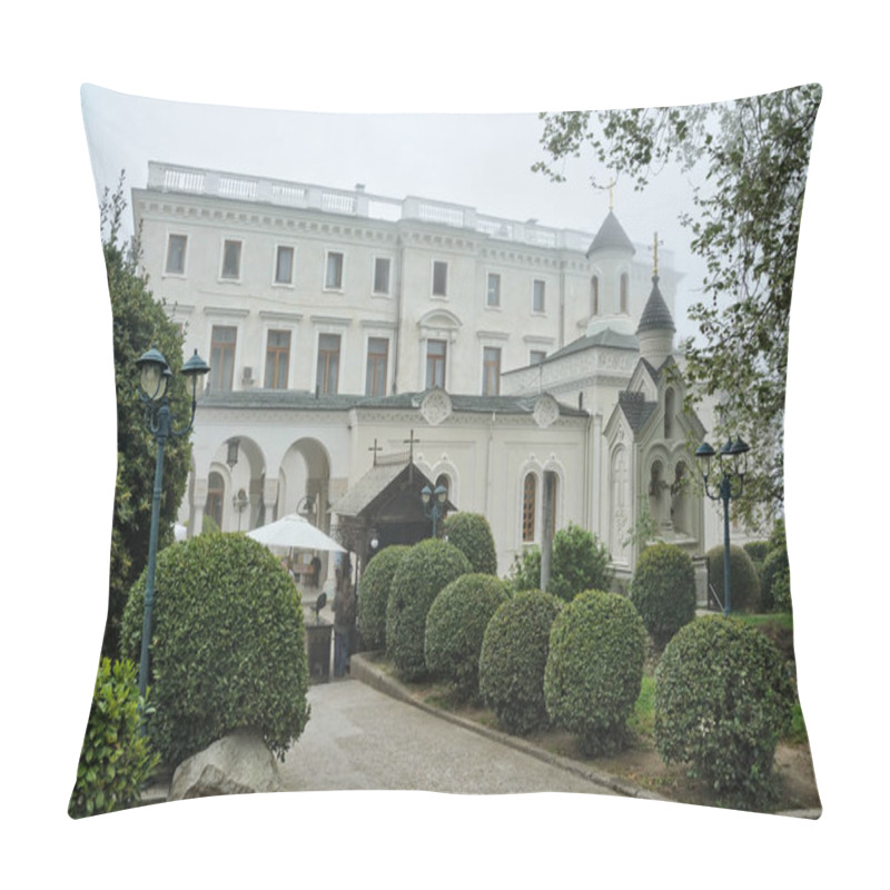 Personality  Romanov's Church At Livadia Palace Framed By Trees In A Foggy Da Pillow Covers