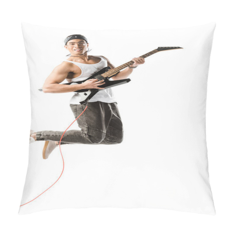 Personality  Happy Young Male Rocker Jumping And Playing On Electric Guitar Isolated On White Pillow Covers