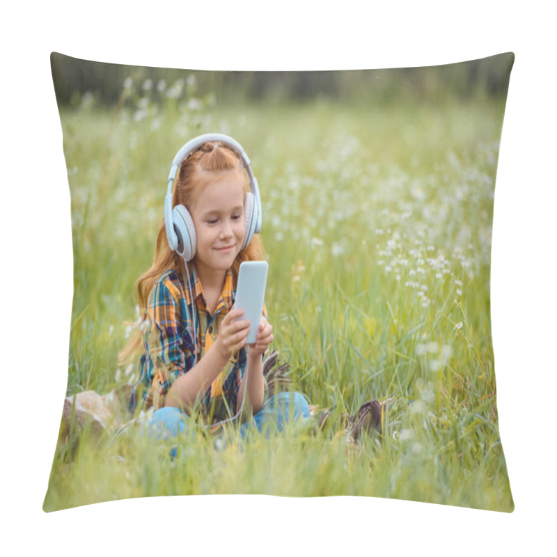 Personality  Smiling Child In Headphones Using Smartphone While Resting On Blanket In Meadow With Wild Flowers Pillow Covers