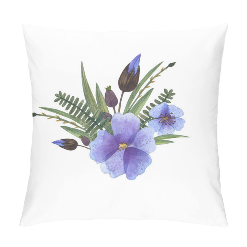 Personality  Floral Composition Bouquet Of Wild Blue Violet Flowers And Herbs Illustration Hand Drawn With Watercolors With Blueish Blossoms, Buds, Herbal Stems And Green Leaves Pillow Covers