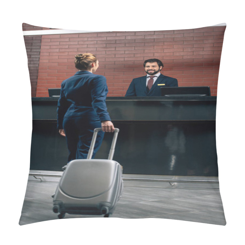 Personality  Businesswoman With Luggage Going At Hotel Reception Counter Pillow Covers