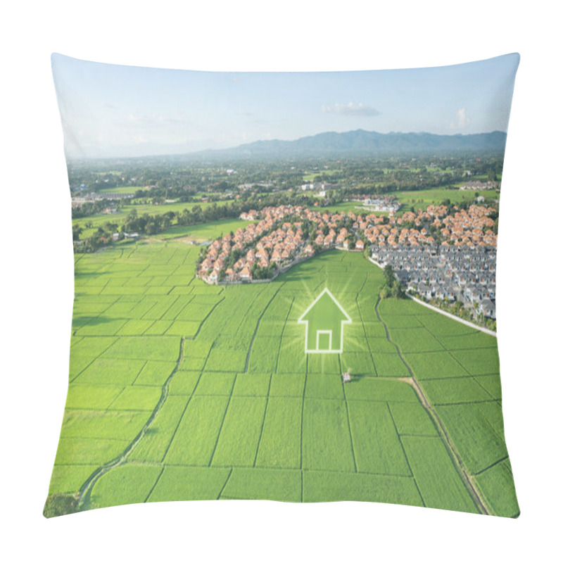 Personality  Land Or Landscape Of Green Field In Aerial View. Include Agriculture Farm, Icon Of Home, House Or Residential Building. Real Estate Or Property For Dream Concept To Build, Construction, Sale And Buy. Pillow Covers