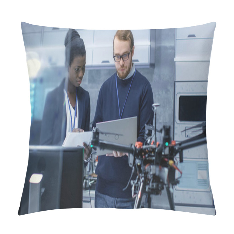 Personality  Caucasian Male And Black Female Engineers Working On A Drone Pro Pillow Covers