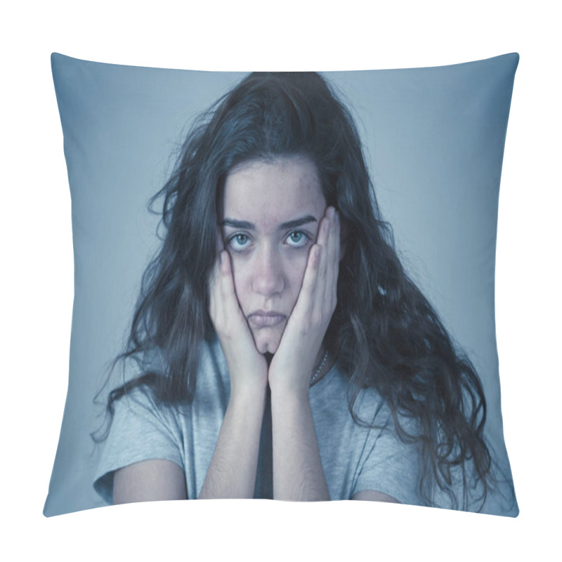 Personality  Portrait Of Beautiful Sad Miserable Young Teenager Girl With Unhappy Face Feeling Emotional Pain. Human Facial Expressions, Negative Emotions And Childhood Depression Concept. Moody Background. Pillow Covers