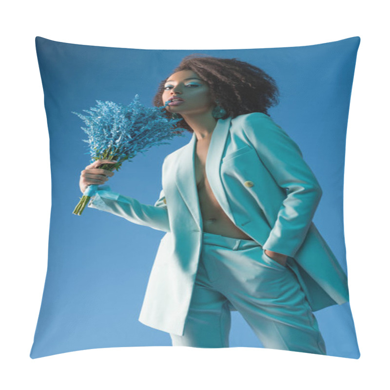 Personality  Attractive African American Woman Holding Bouquet Isolated On Blue Pillow Covers