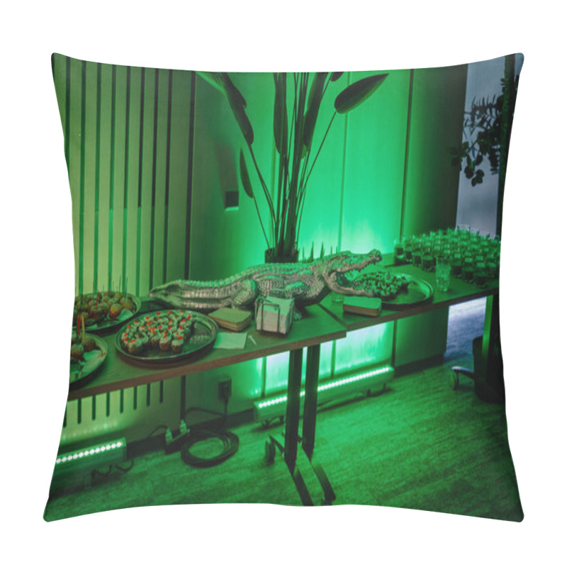 Personality  Riga, Latvia - October 25, 2024 - A Buffet Table At A PETER PAN PARTY Features Desserts And A Decorative Crocodile, Set In A Green-lit Room With Themed Decor And Snacks. Pillow Covers