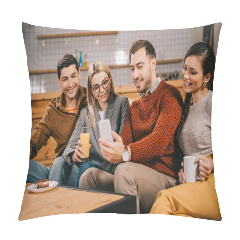 Personality  Cheerful Group Of Friends Smiling While Taking Selfie  Pillow Covers