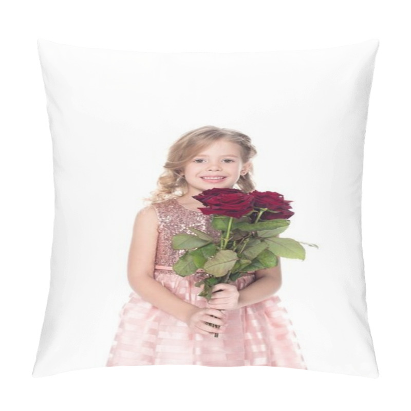 Personality  Adorable Child In Dress Holding Bouquet Of Red Roses, Isolated On White Pillow Covers