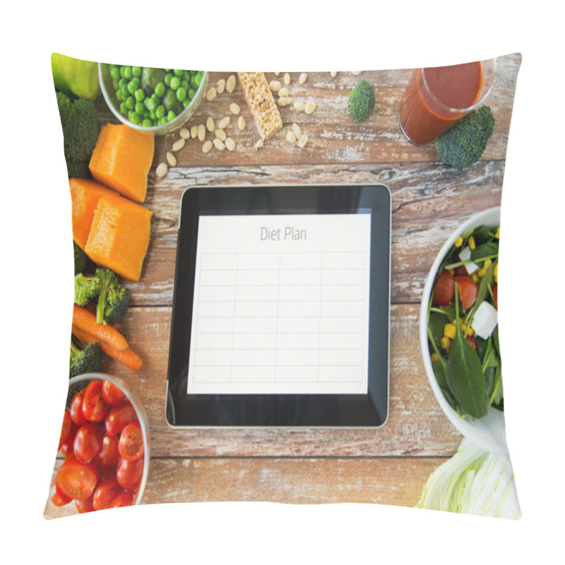 Personality  Close Up Of Diet Plan On Tablet Pc And Vegetables Pillow Covers