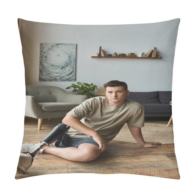 Personality  Handsome Young Man Sits Comfortably On The Floor In A Stylish Living Room With A Prosthetic Leg. Pillow Covers