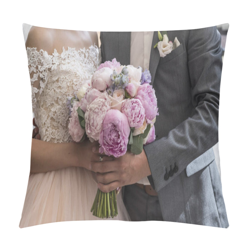 Personality  Wedding Bouquet Of Pink And Lilac Peonies In Bride's And Groom's Hands. Close Up Of Pink And Lilac Wedding Bouquet. Wedding Decoration. Bride's Wedding Bouquet Pillow Covers