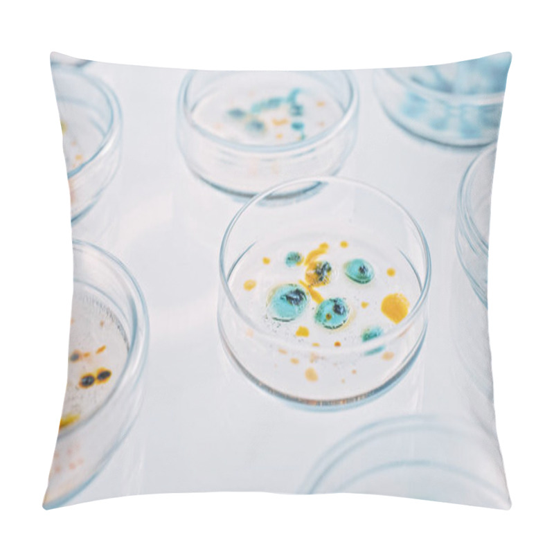 Personality  Microbiology Laboratory: Petri Dishes With Various Bacteria Samples, Pipette Drops Liquid Solution. Concept Of Pharmaceutical Research Of Antibiotics, Curing Disease Fighting Epidemics. Close-up Macro Pillow Covers