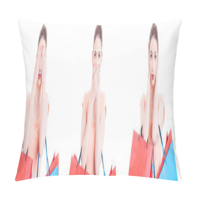 Personality  Woman Holding Shopping Bags Making Deaf Mute And Blind Gesture Pillow Covers