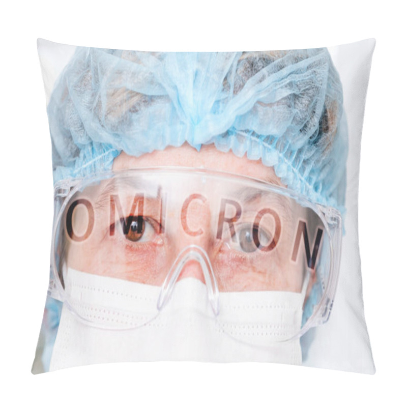 Personality  Eyes Of Doctor Through Goggles And Word Omicron In Reflection Pillow Covers