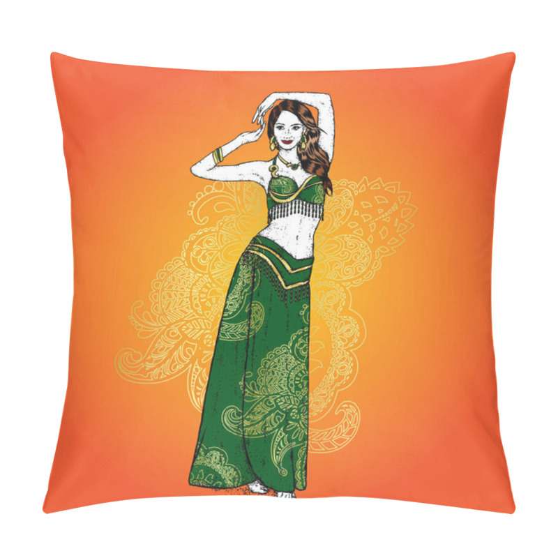 Personality  Beautiful Asian Girl Dancing. Vector Illustration. Belly Dance. East. Pillow Covers