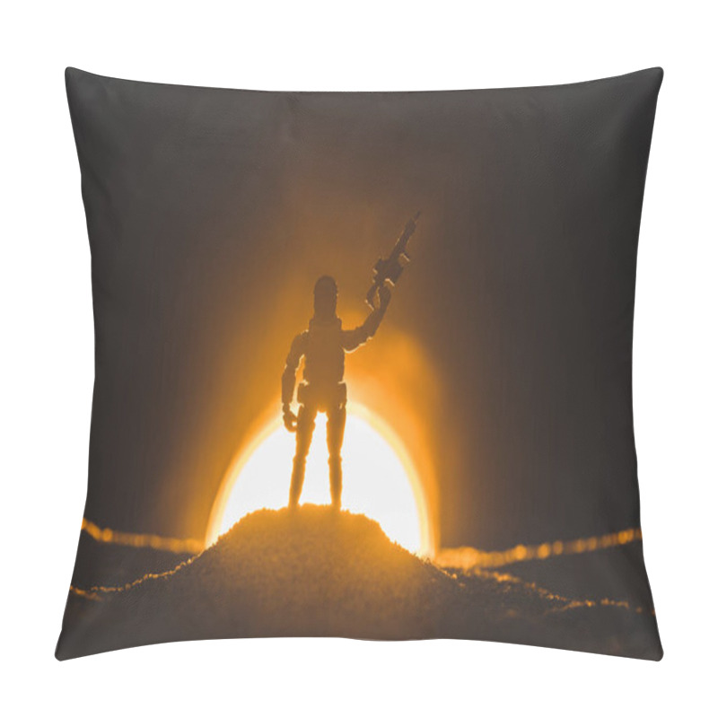 Personality  Silhouette Of Toy Soldier With Gun And Sun On Background Pillow Covers