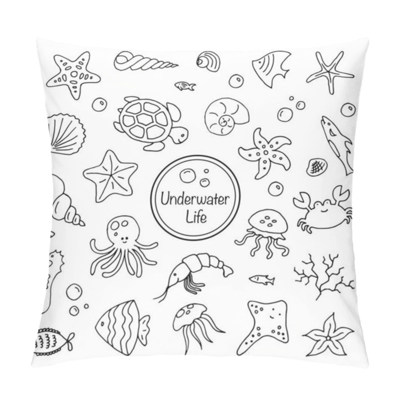 Personality  Set Of Sea Underwater Creatures Outline On White Background Hand Drawn Thin Line Doodle Illustration Pillow Covers