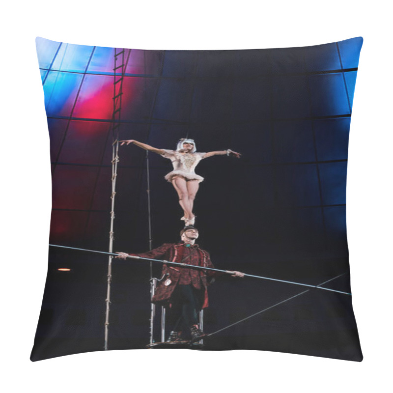 Personality  Handsome Gymnast Supporting Attractive Acrobat While Holding Pole  Pillow Covers