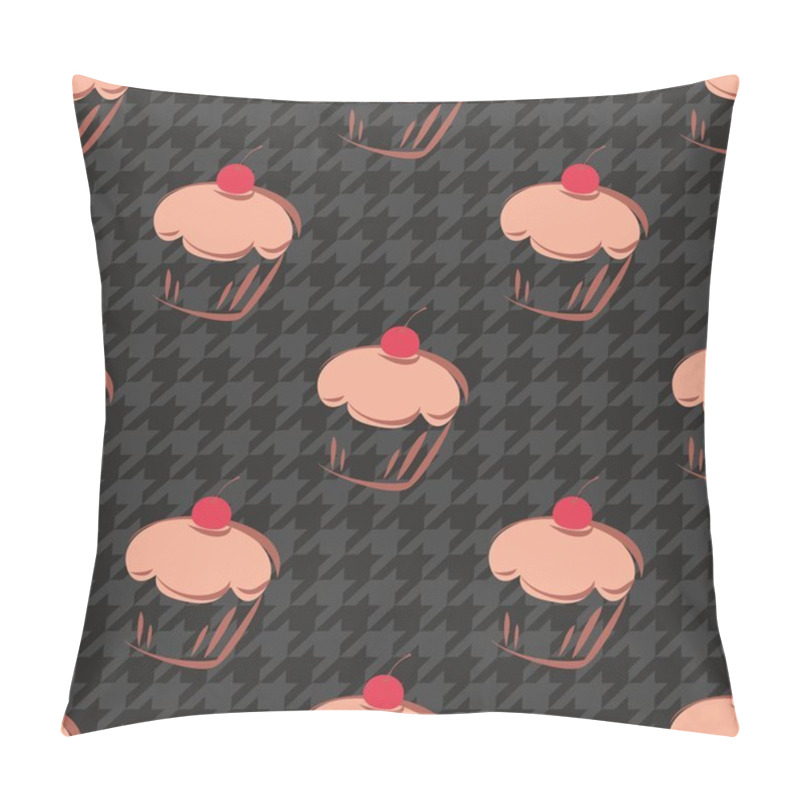 Personality  Tile Vector Background With Cherry Cupcake And Dark Grey And Black Houndstooth Pattern Pillow Covers