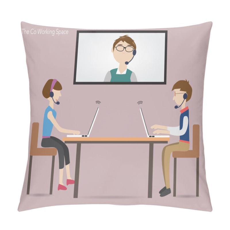 Personality  Two People In Co Working Space  And Online Conference Pillow Covers