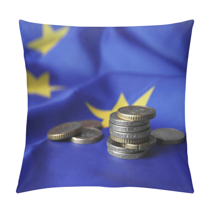 Personality  Many Different Coins On European Union Flag, Space For Text Pillow Covers