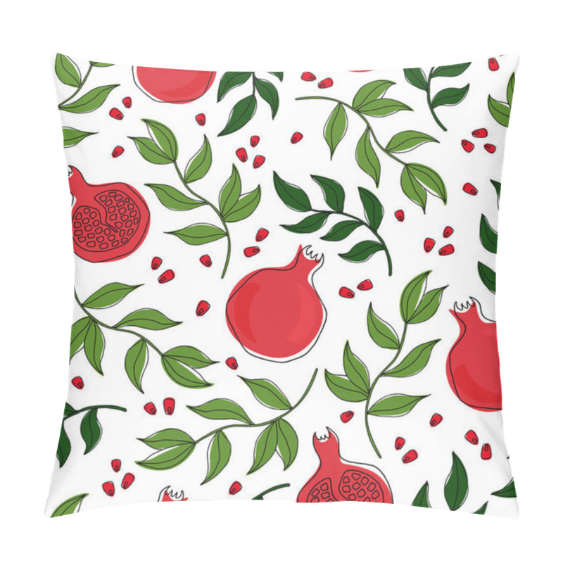 Personality  Botanical Illustration: A Pomegranate With Branches And Leaves In The Doodle Style. Seamless Pattern On A White Background. For Textiles, Packaging Products. Pillow Covers