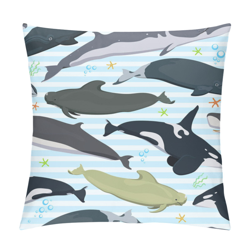 Personality  Seamless Pattern With Whales, Modern Texture With Marine Mammals, Finback, Spermwhale, Bowhead, Orca, Pilot Whale, Right Whale Pillow Covers