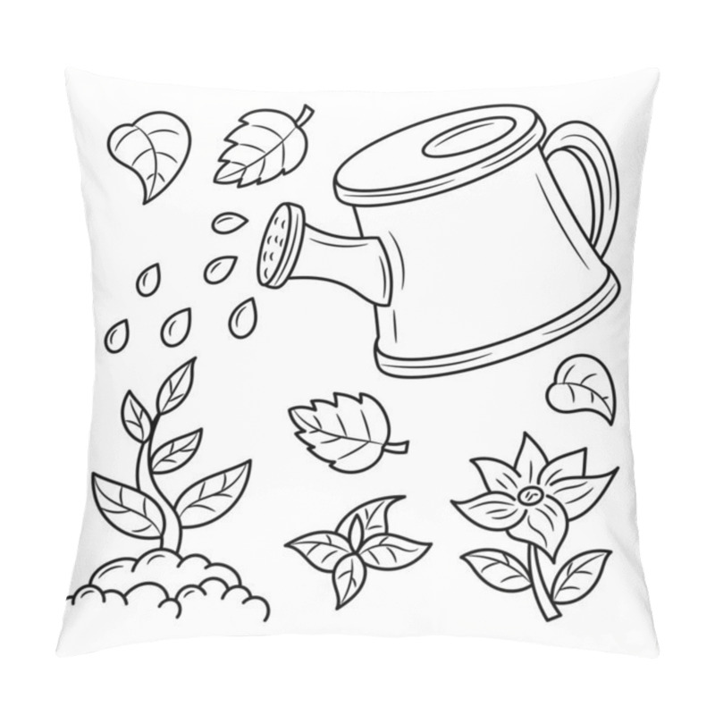 Personality  Watering The Plants Doodle, Black White Hand Drawn Sketch Vector Objects Pillow Covers