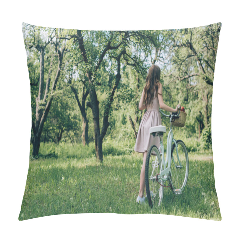 Personality  Back View Of Woman In Dress Holding Retro Bicycle With Wicker Basket Full Of Ripe Apples At Countryside Pillow Covers