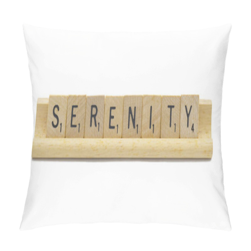 Personality  Miami, FL 4-18-24 Popular Baby Girl First Name Of SERENITY Made With Square Wooden Tile English Alphabet Letters With Natural Color And Grain On A Wood Rack Holder Isolated On White Background Pillow Covers