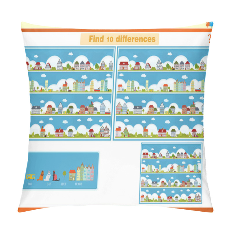 Personality  Find The Difference In A Children's Game With Cats And Houses. View Of A Village With European Houses. Pillow Covers