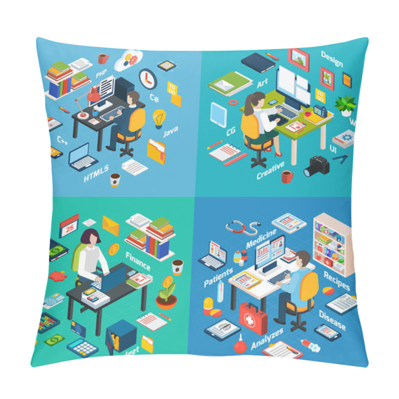 Personality  Professional Workplace Isometric 4 Icons Square  Pillow Covers