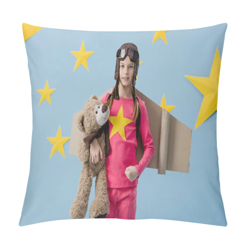 Personality  Child With Cardboard Wings Holding Teddy Bear On Blue Background With Stars Pillow Covers