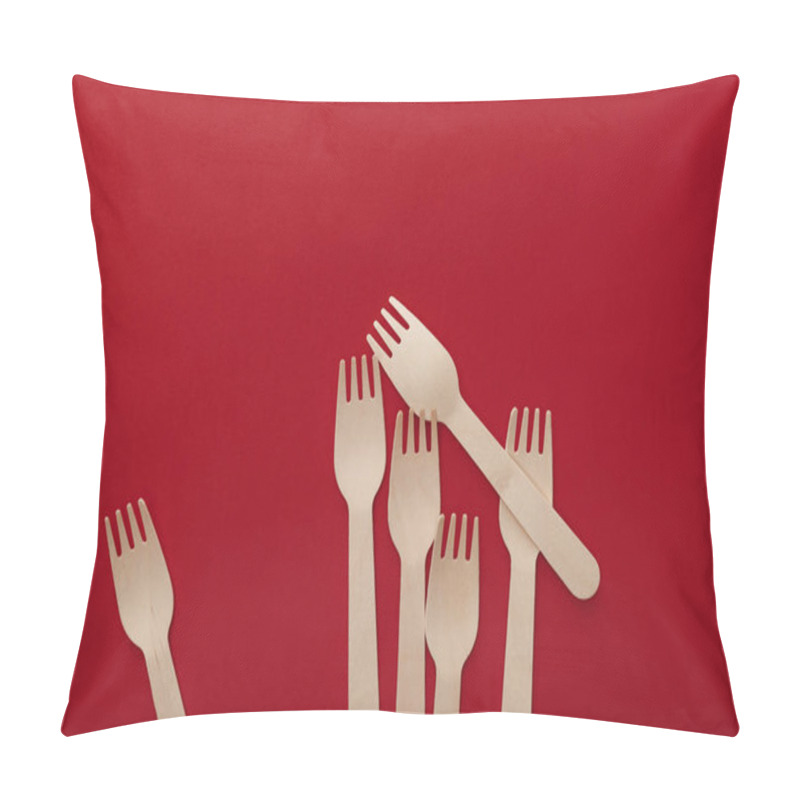 Personality  Top View Of Natural Wooden Forks On Red Background With Copy Space Pillow Covers