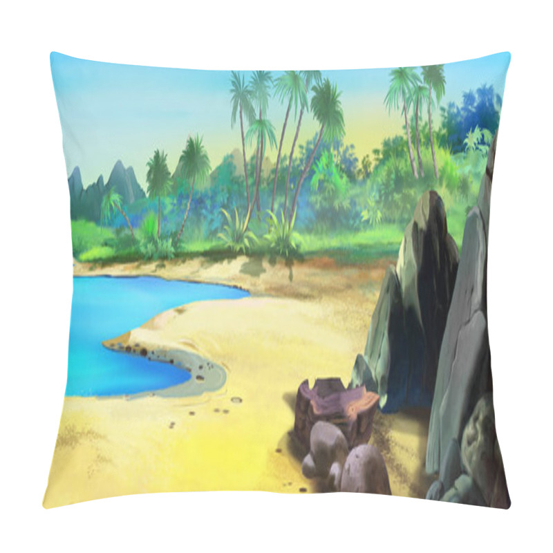 Personality  Sandy Coast Of The Island In The Tropics On A Sunny Day. Digital Painting Background, Illustration. Pillow Covers