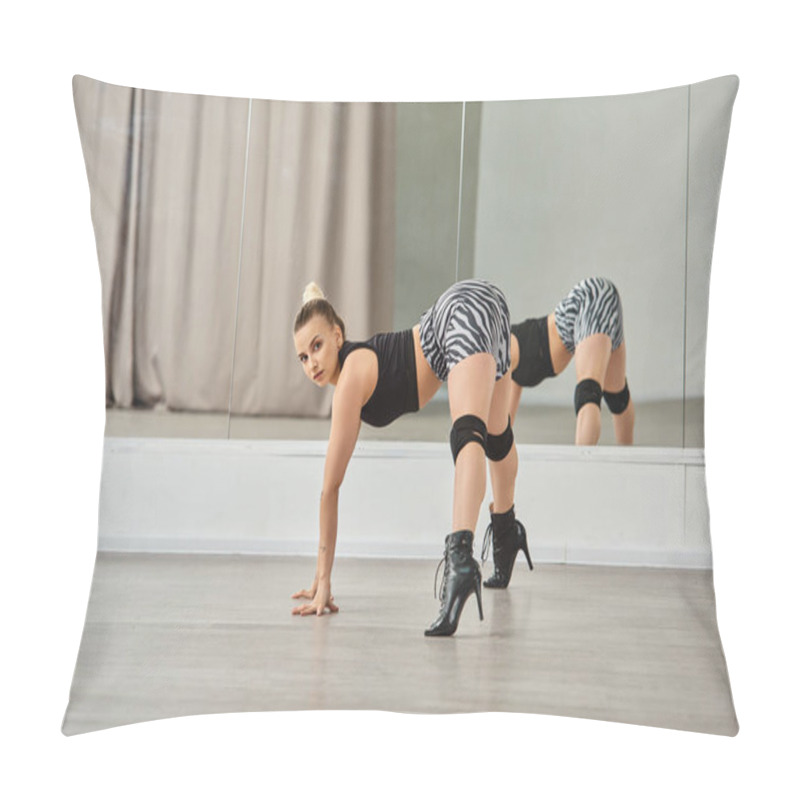 Personality  A Graceful Dancer Finds Balance And Strength In Her High Heels As She Bends Over Near Mirror Pillow Covers