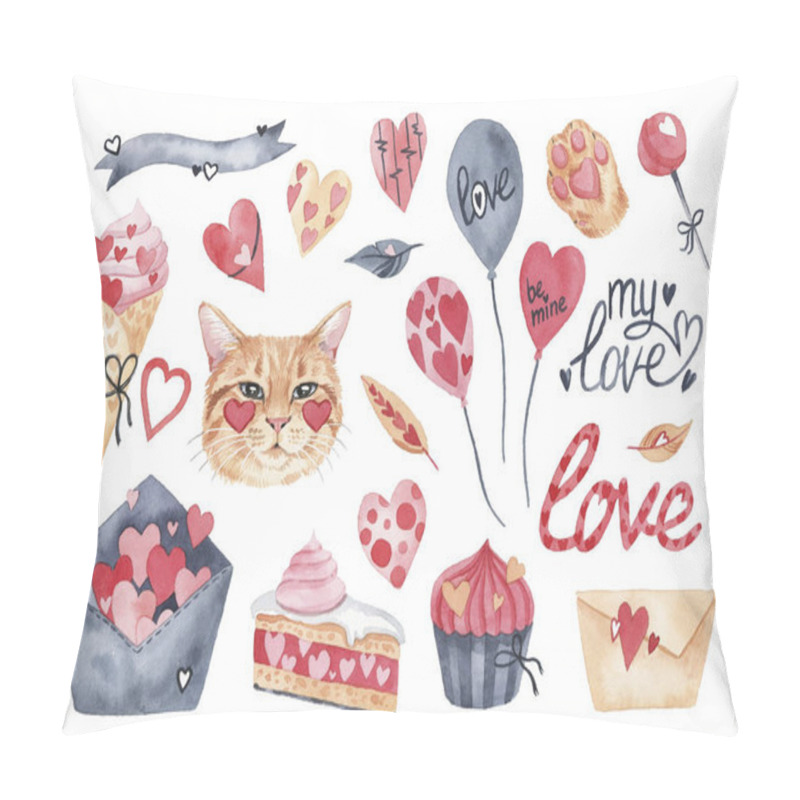 Personality  Watercolor Set With Elements For Valentine's Day On A White Background. Hearts, Sweets, Balls, Gifts And Other Cute Items Pillow Covers