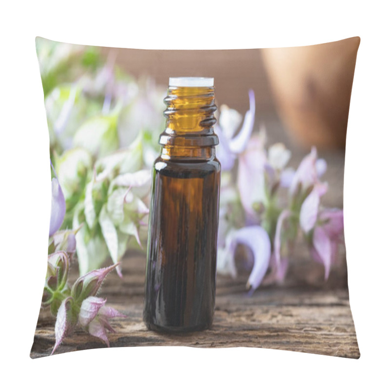 Personality  A Bottle Of Clary Sage Essential Oil With Fresh Plant Pillow Covers