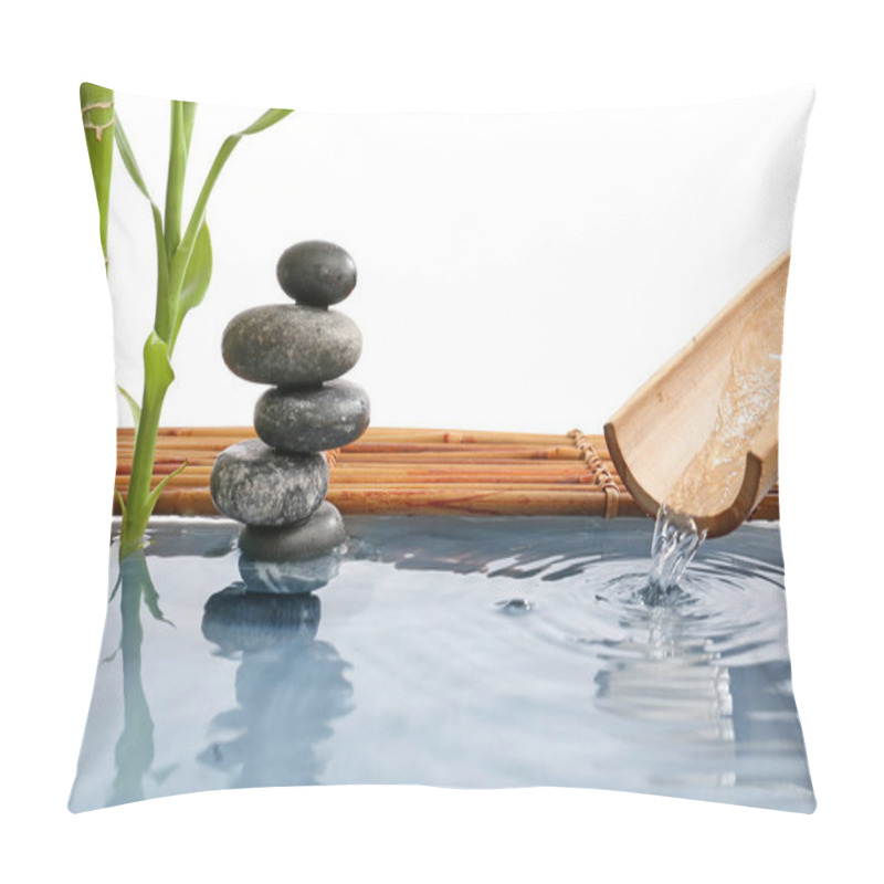 Personality  Stack Of Spa Stones And Bamboo In Water On White Background Pillow Covers