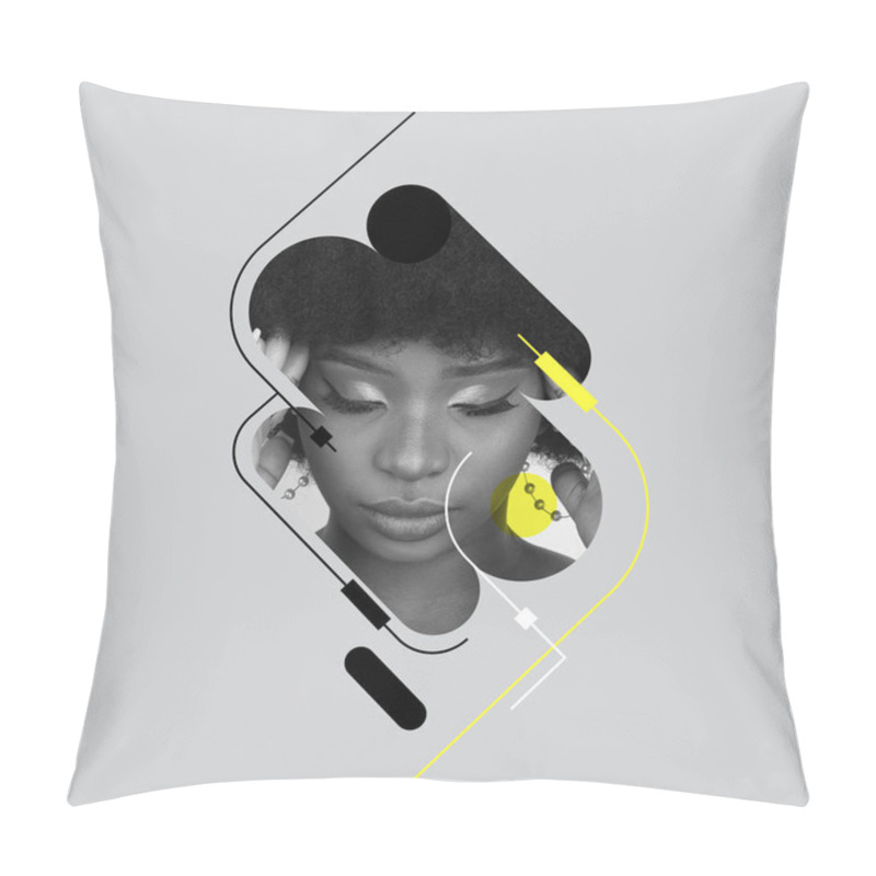 Personality  Calm, Depression. Young Girls Face Over Gray Background. Poster Graphics. Ideas, Inspiration, Fashion. Different Emotions, Facial Expression, Psychology Of Personality Concept. Monochrome Pillow Covers