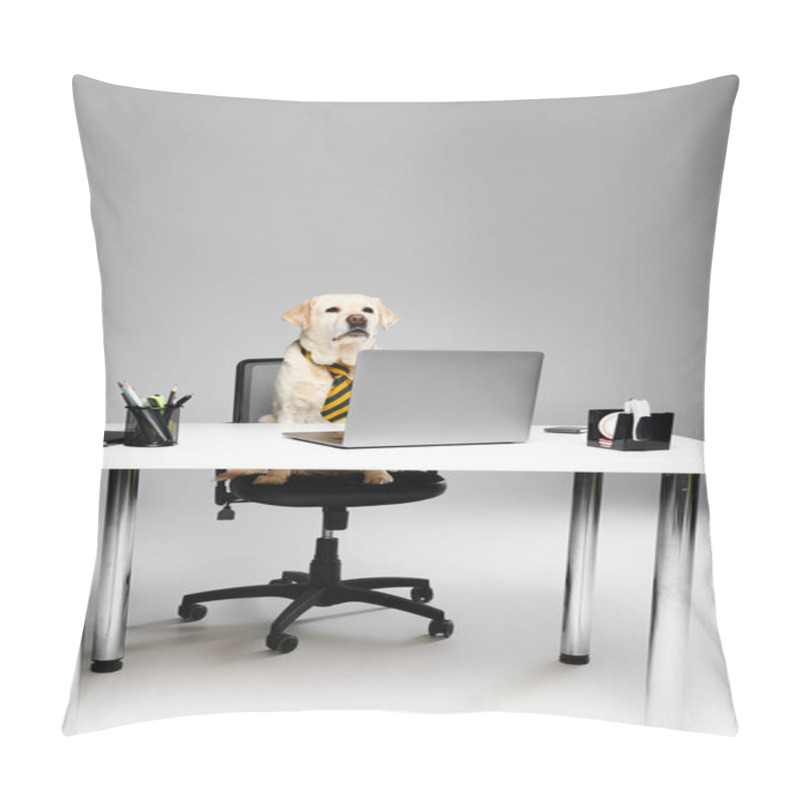 Personality  A Dapper Dog In A Tie Sits At A Desk With A Laptop, Exuding Professionalism And Sophistication. Pillow Covers