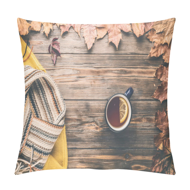 Personality  Autumn Fashion Seasonal Concept Yellow Warm Soft Sweater Cardigan Scandinavian Knitted Scarf Cup Hot Black Tea Coffee Fall Fallen Maple Leaves On Wooden Table Flat Lay Top View Vintage Style. Pillow Covers