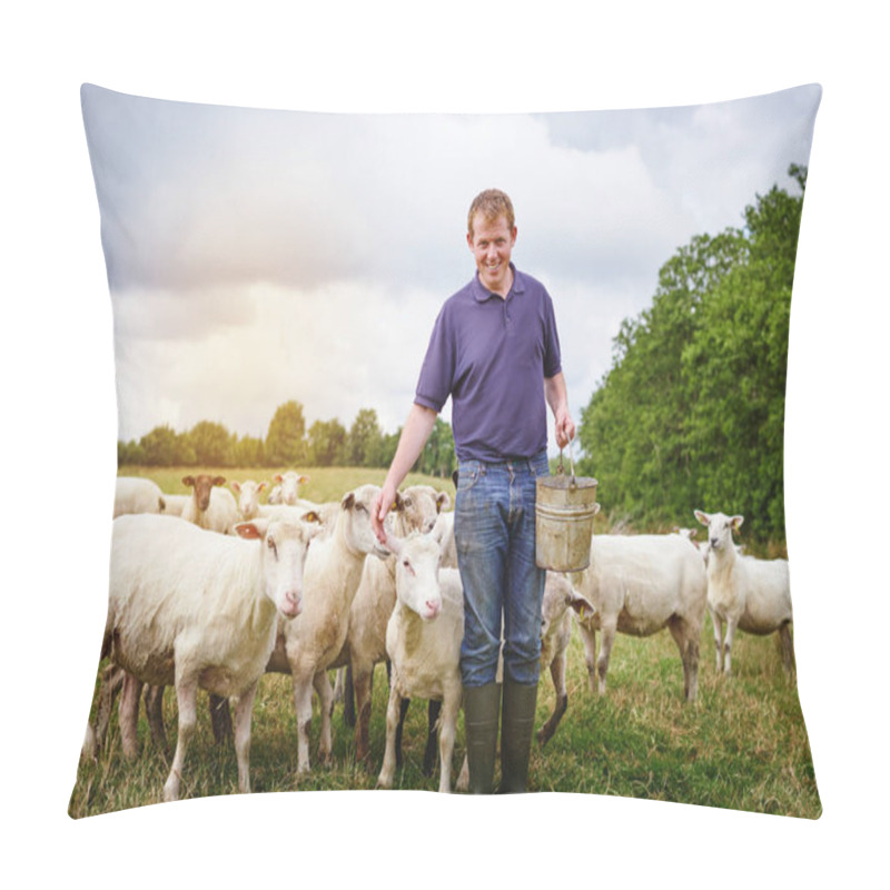 Personality  The Pied Piper Of Sheep. A Male Farmer Feeding A Herd Of Sheep On A Farm Pillow Covers