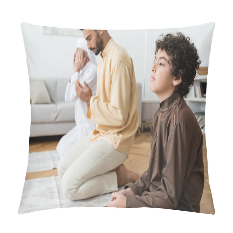 Personality  Curly Muslim Boy Praying Near Blurred Father And Granddad On Rugs At Home  Pillow Covers