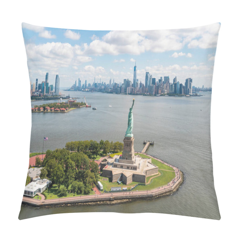 Personality  Aerial Panoramic City View Of Lower Manhattan, New York City, New Jersey City Downtown, And Iconic Statue Of Liberty. Birds Eye View From Helicopter. Pillow Covers