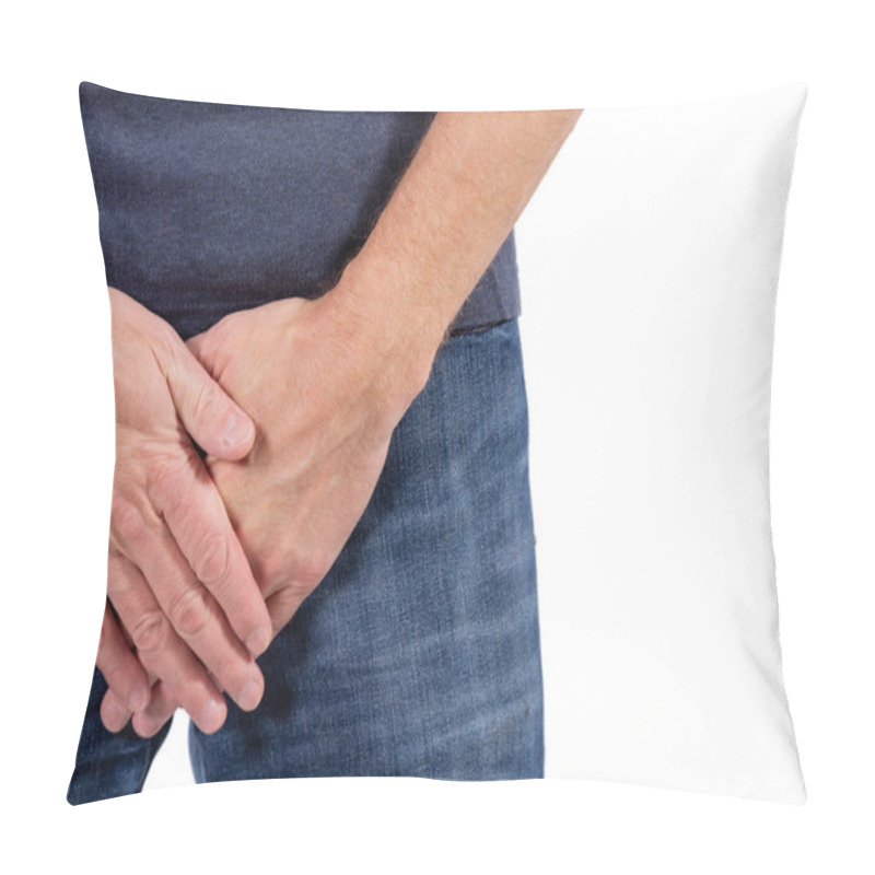 Personality  Man Holding His Urethra In Pain. Man Experience Urethra Pain On White Background Pillow Covers