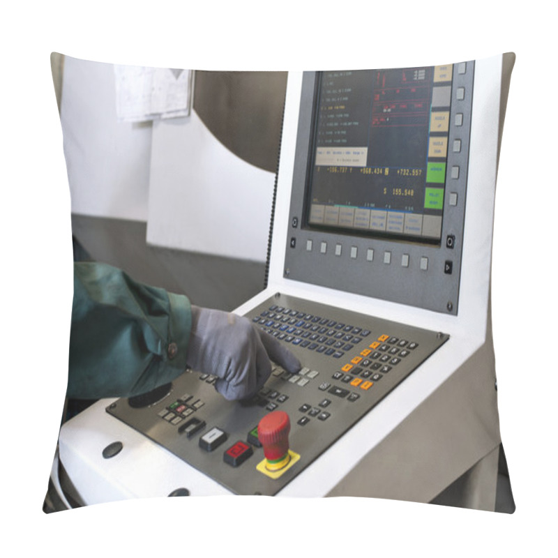 Personality  Hand On The Control Panel Of A Cnc Programmable Machine Pillow Covers